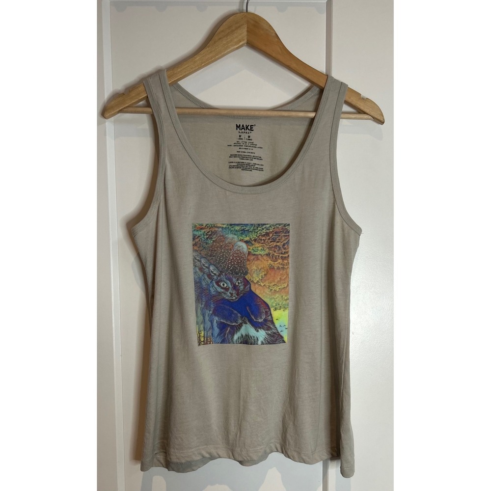 Make Market Womens M Taupe Graphic Tank Top Cat Mushroom Print Sleeveless Scoop